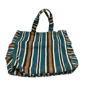 Toss Designs Canvas Textured Jute Teal Brown Tan Striped Tote Shoulder Bag 15X17
